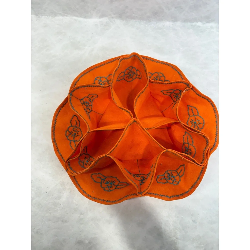 Vintage Handmade Packable Jewelry Holder Orange Blue Floral Embroidered Travel